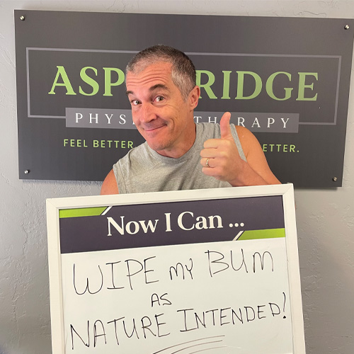 a satisfied patient from Aspen Ridge Physical Therapy after a successful physical therapy program, with less wrist and elbow pain